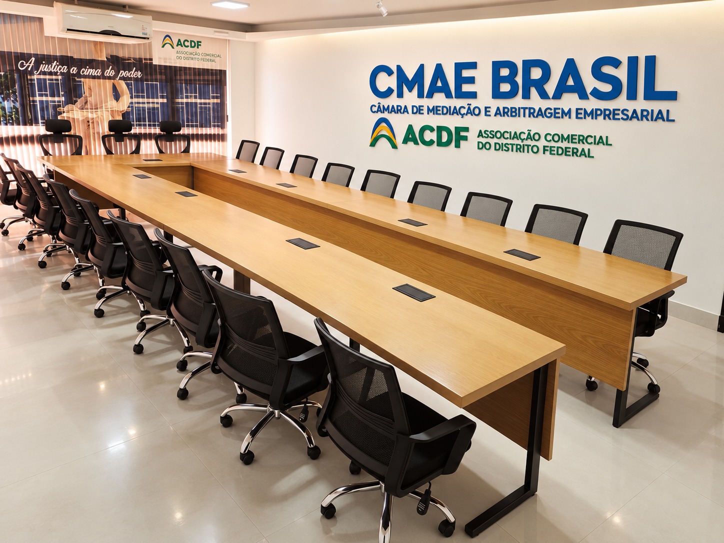 Sala de arbitragem da CMAE Brasil, com mesa de reuniões e identificação da Câmara e da ACDF.