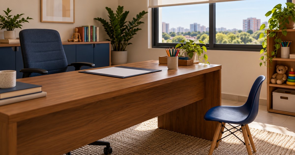Sala de avaliação psicossocial vazia, com cadeiras de tamanhos diferentes e materiais sobre uma mesa, em ilustração editorial.
