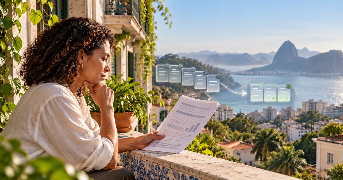 Pessoa analisa documentos diante de paisagem carioca, com fluxo digital representando a renegociação de débitos.