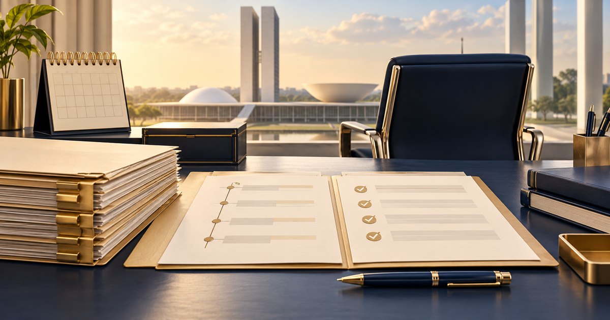 Dossiê de aposentadoria, calendário sem números e cadeira de escritório diante de arquitetura administrativa abstrata.