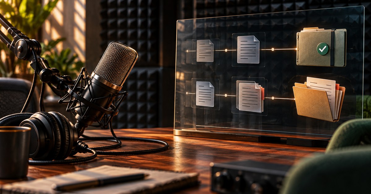 Estúdio vazio de podcast com microfone e dois percursos documentais distintos, um encerrado e outro aberto.