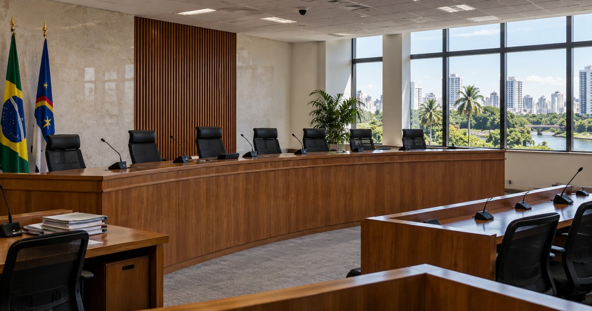 Cena ilustrativa de sala de julgamento vazia, com mesas de madeira, cadeiras e luz natural em tribunal brasileiro.