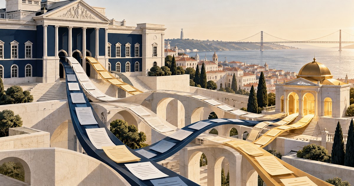 Rotas de documentos atravessam uma paisagem arquitetônica inspirada em Lisboa e conectam instituições distintas.