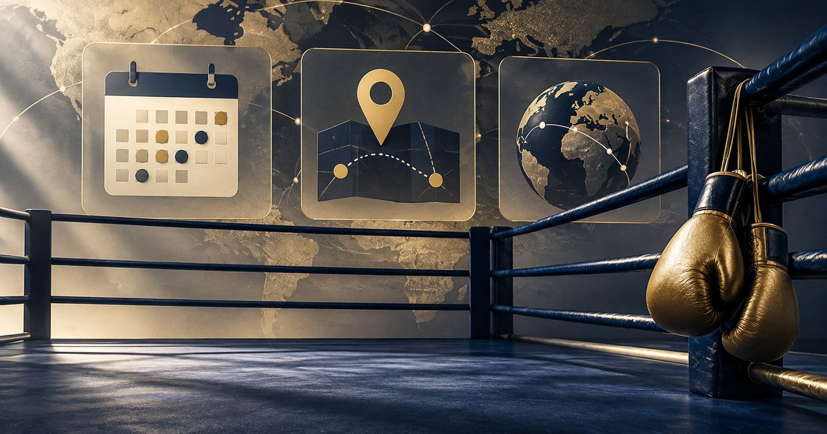 Ringue de boxe vazio, luvas e símbolos de calendário e localização representam a disponibilidade para testes antidopagem.
