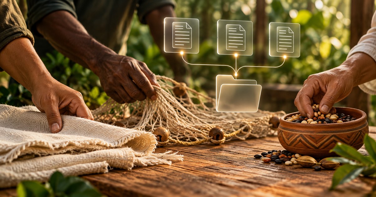 Mãos organizam tecido, rede artesanal e sementes diante de fichas digitais que convergem para uma pasta.