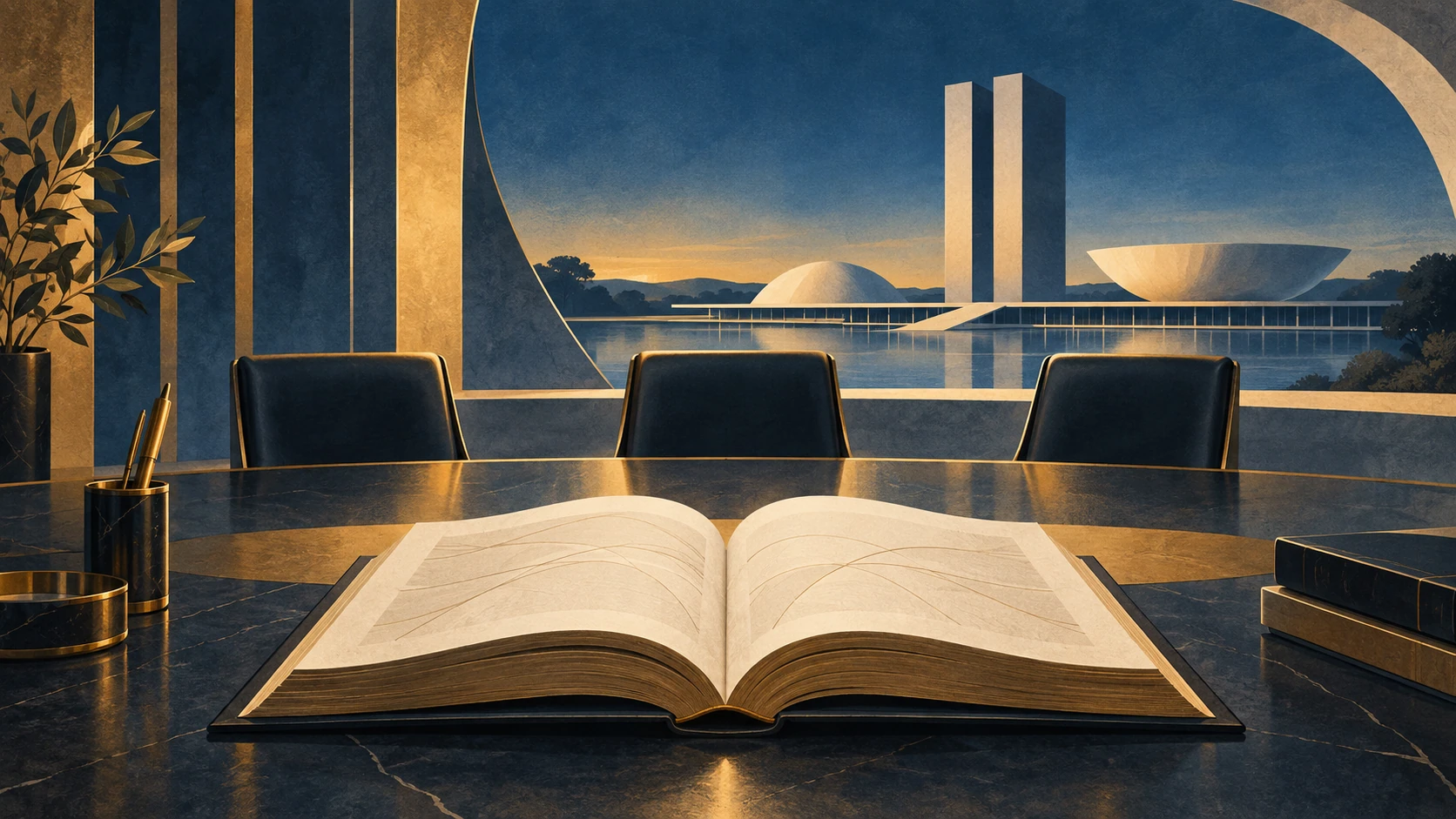 Ilustração editorial de livro jurídico e mesa de arbitragem, com arquitetura inspirada em Brasília ao fundo