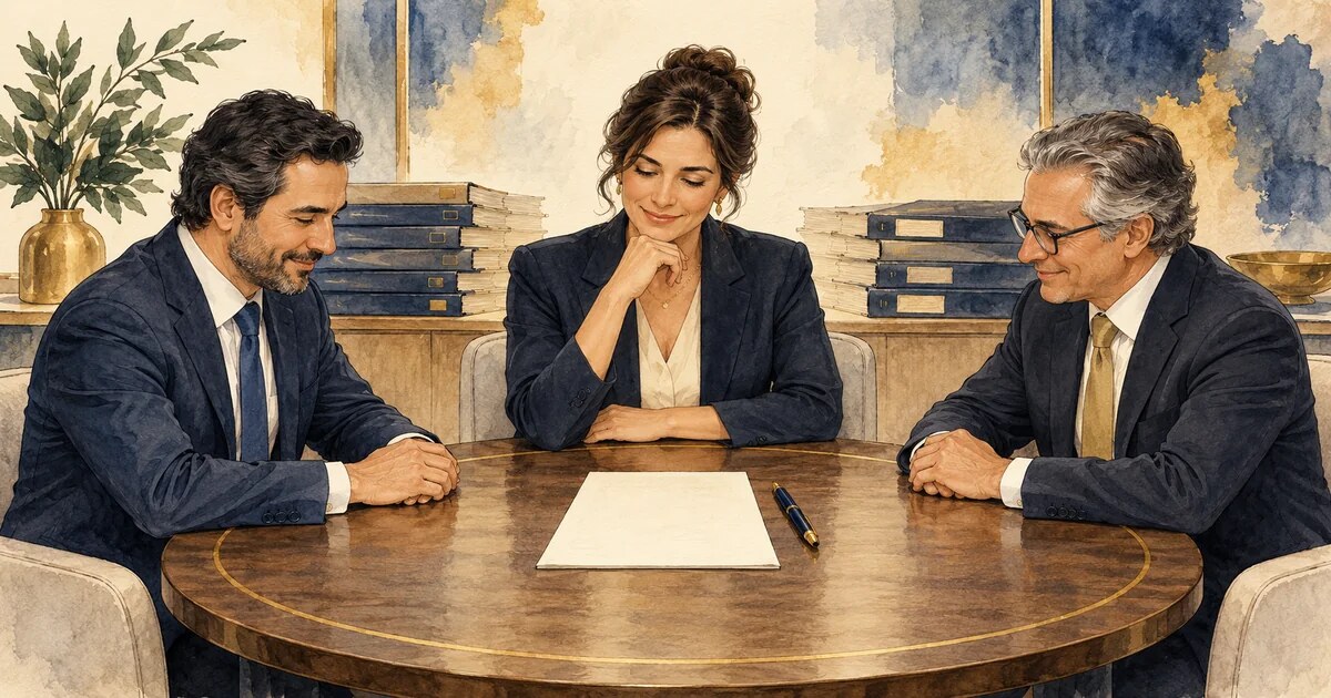 Ilustração de três profissionais fictícios em uma mesa de mediação, diante de um documento e arquivos de processos