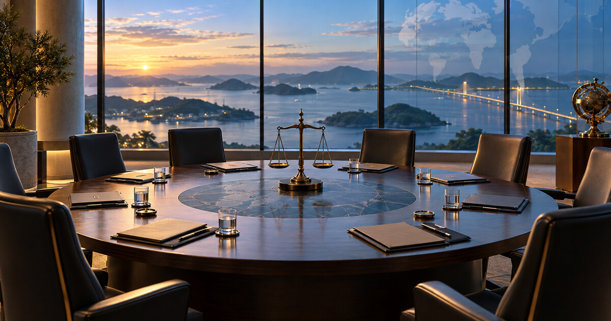 Mesa circular de diálogo jurídico diante de um arquipélago e de uma ponte, com mapa-múndi discreto refletido no vidro.