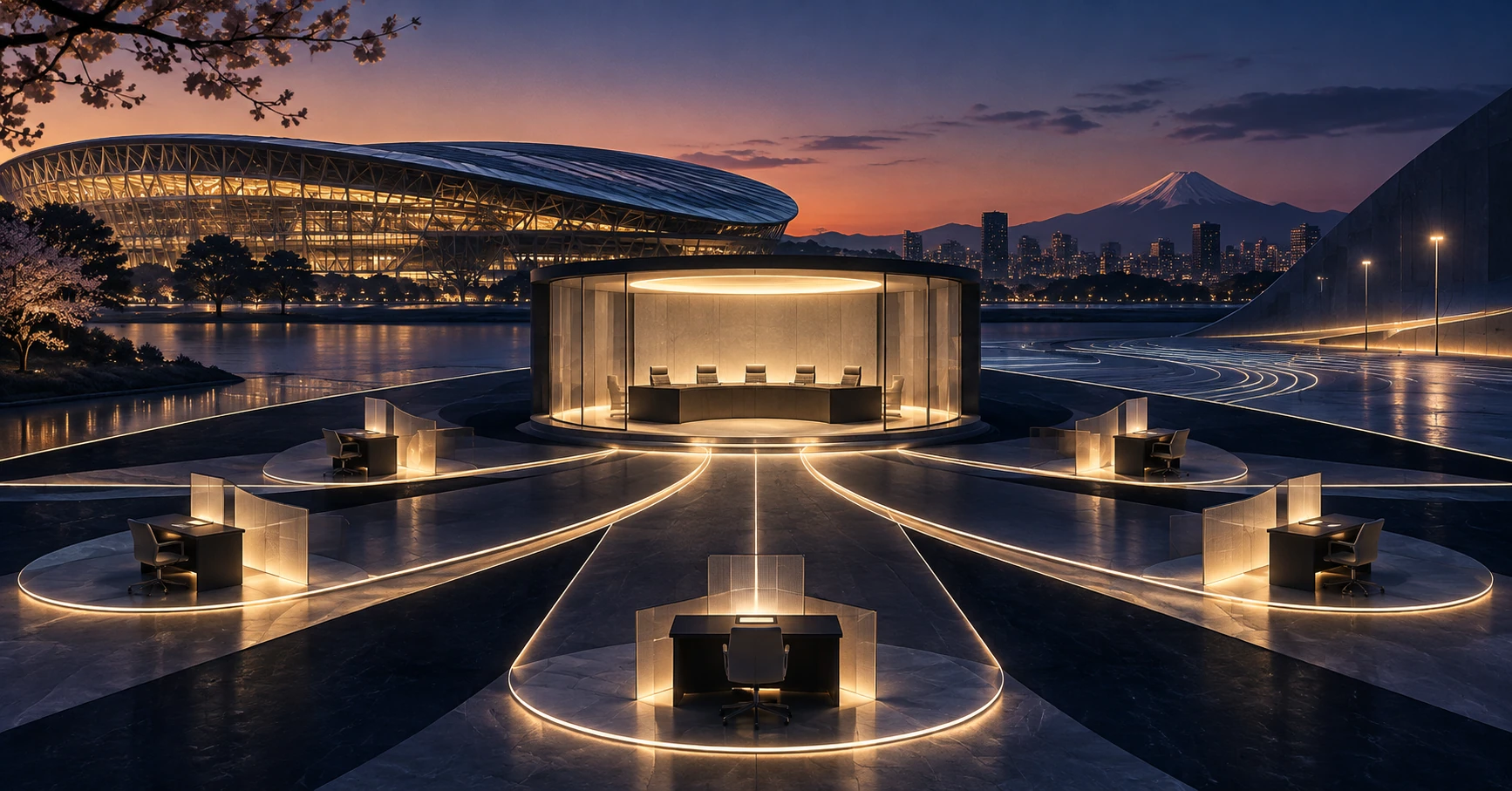 Arena esportiva japonesa ao entardecer, com cinco estações processuais convergindo para uma sala de arbitragem iluminada
