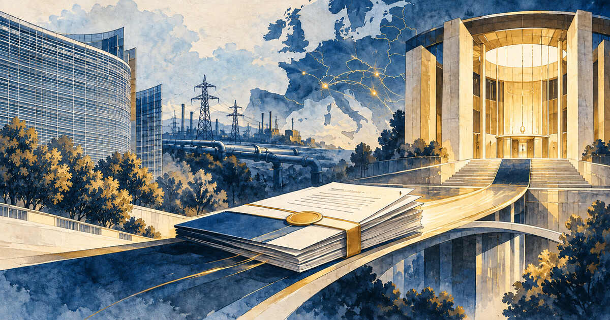 Ilustração editorial de documentos arbitrais seguindo por uma ponte entre infraestrutura de energia e uma corte europeia
