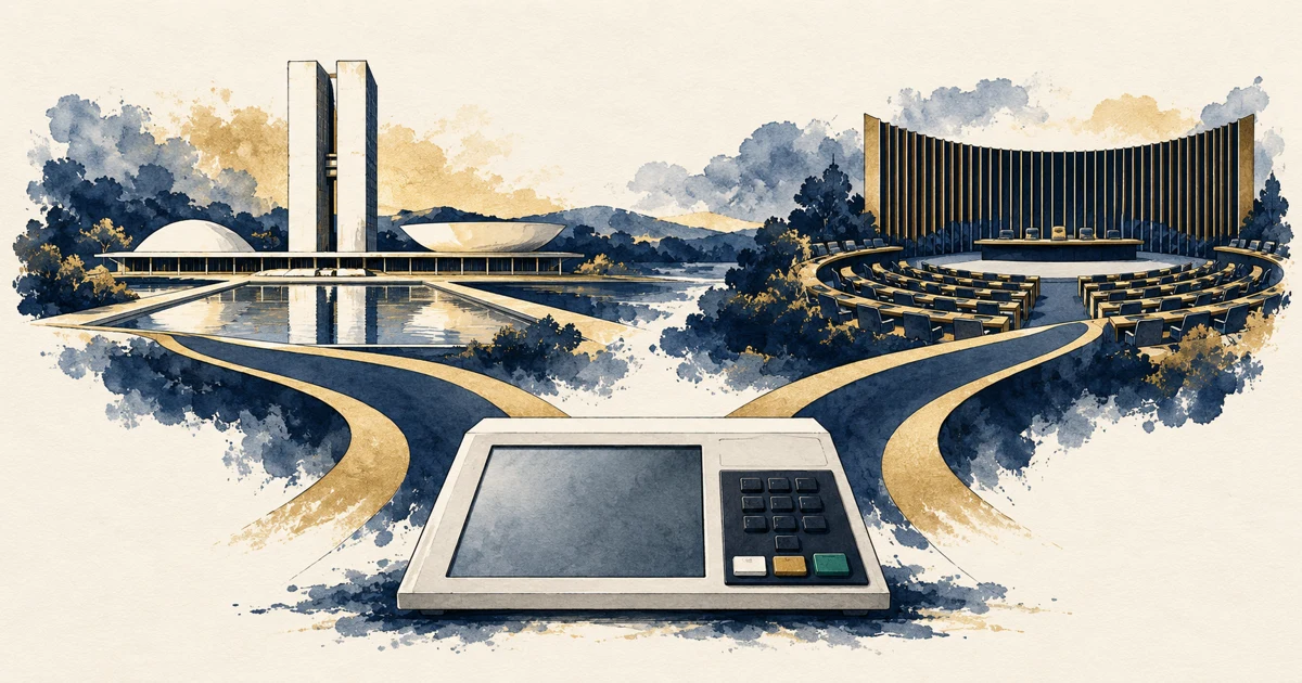 Ilustração editorial de uma urna eletrônica diante de edifícios do Congresso e de um plenário
