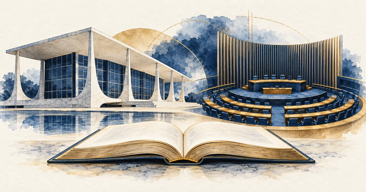 Ilustração editorial da arquitetura do Supremo Tribunal Federal, do plenário do Senado e de um livro aberto