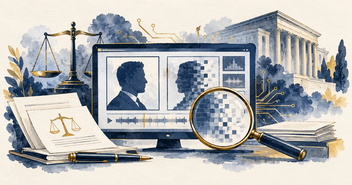 Ilustração editorial de tela com perfis abstratos e verificação de conteúdo digital