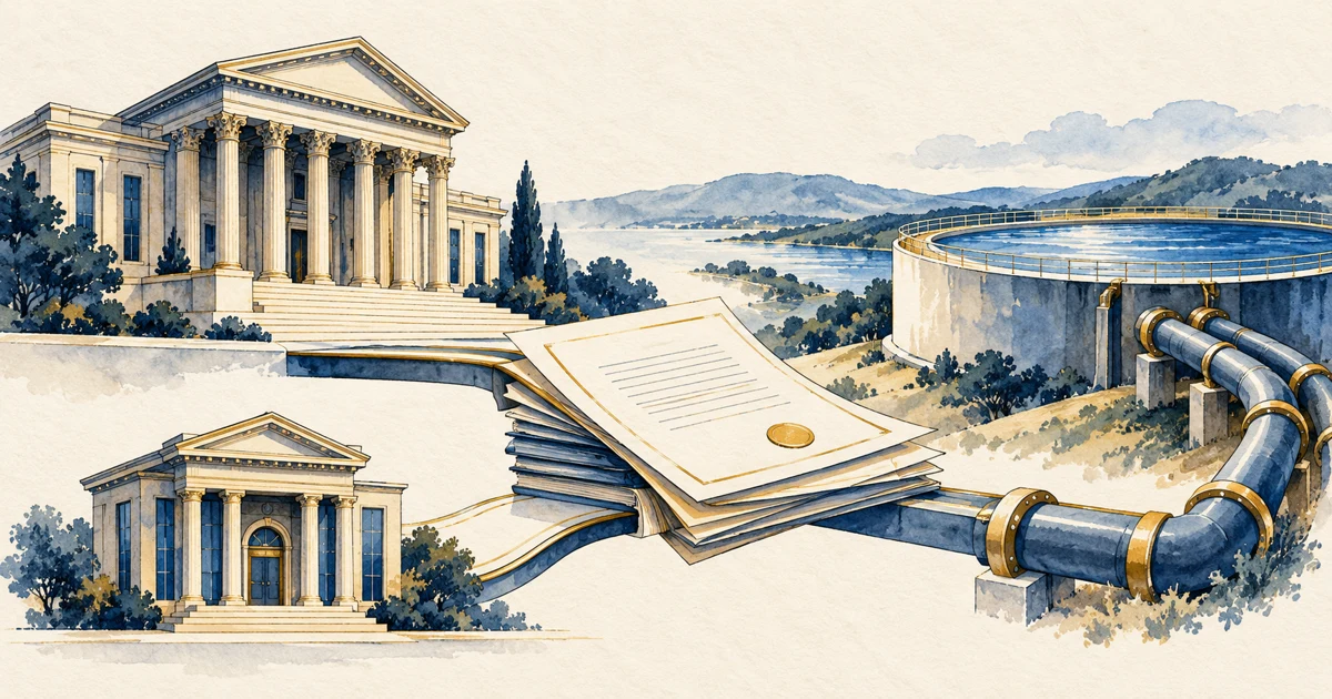 Ilustração editorial de tribunal, reservatório de água, tubulações e documentos contratuais