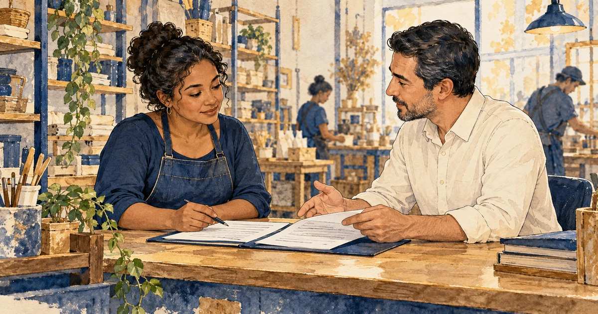 Ilustração editorial de pequeno empreendedor e orientadora analisando documentos de negociação