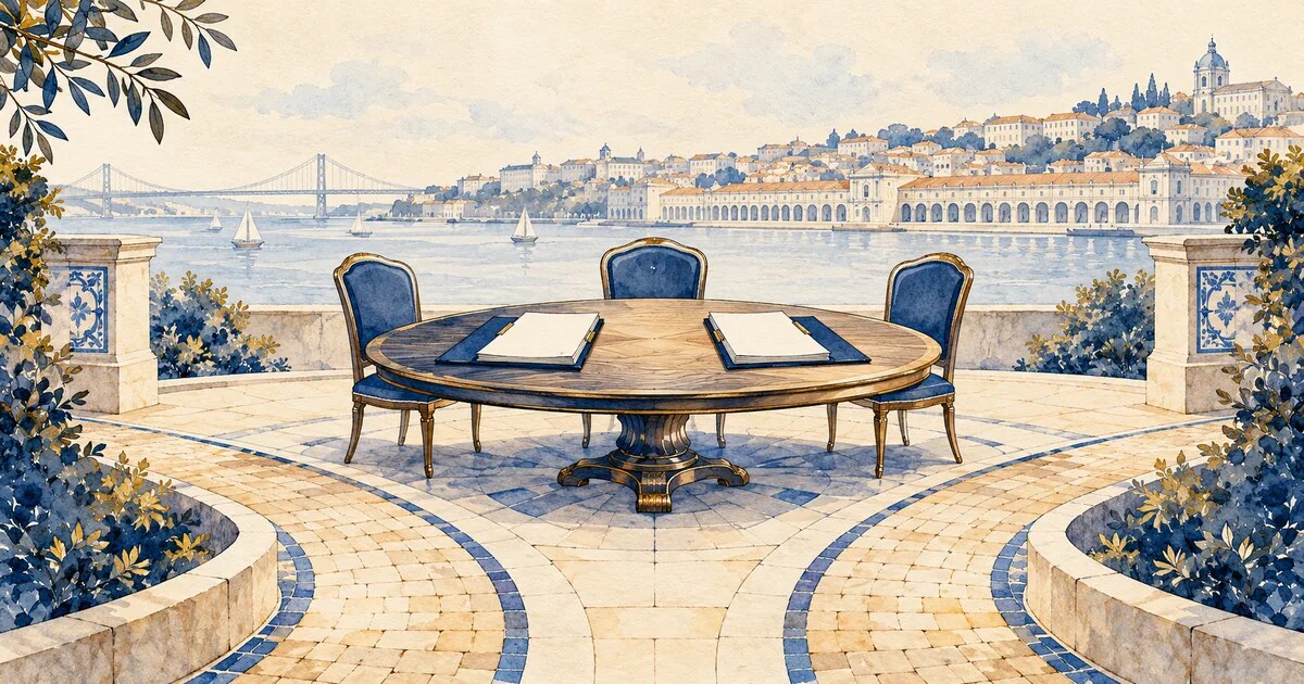 Ilustração de mesa com documentos e três cadeiras, entre dois caminhos abertos, diante de uma paisagem portuguesa