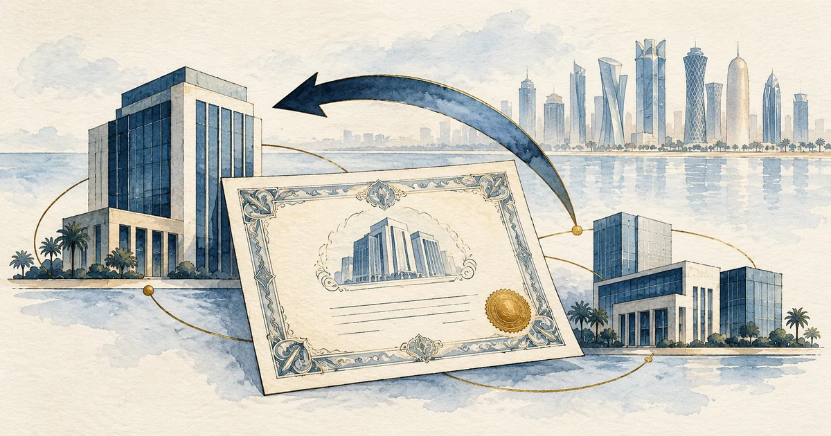 Ilustração de certificado de ações e edifícios empresariais ligados por uma seta de retorno, com Doha ao fundo