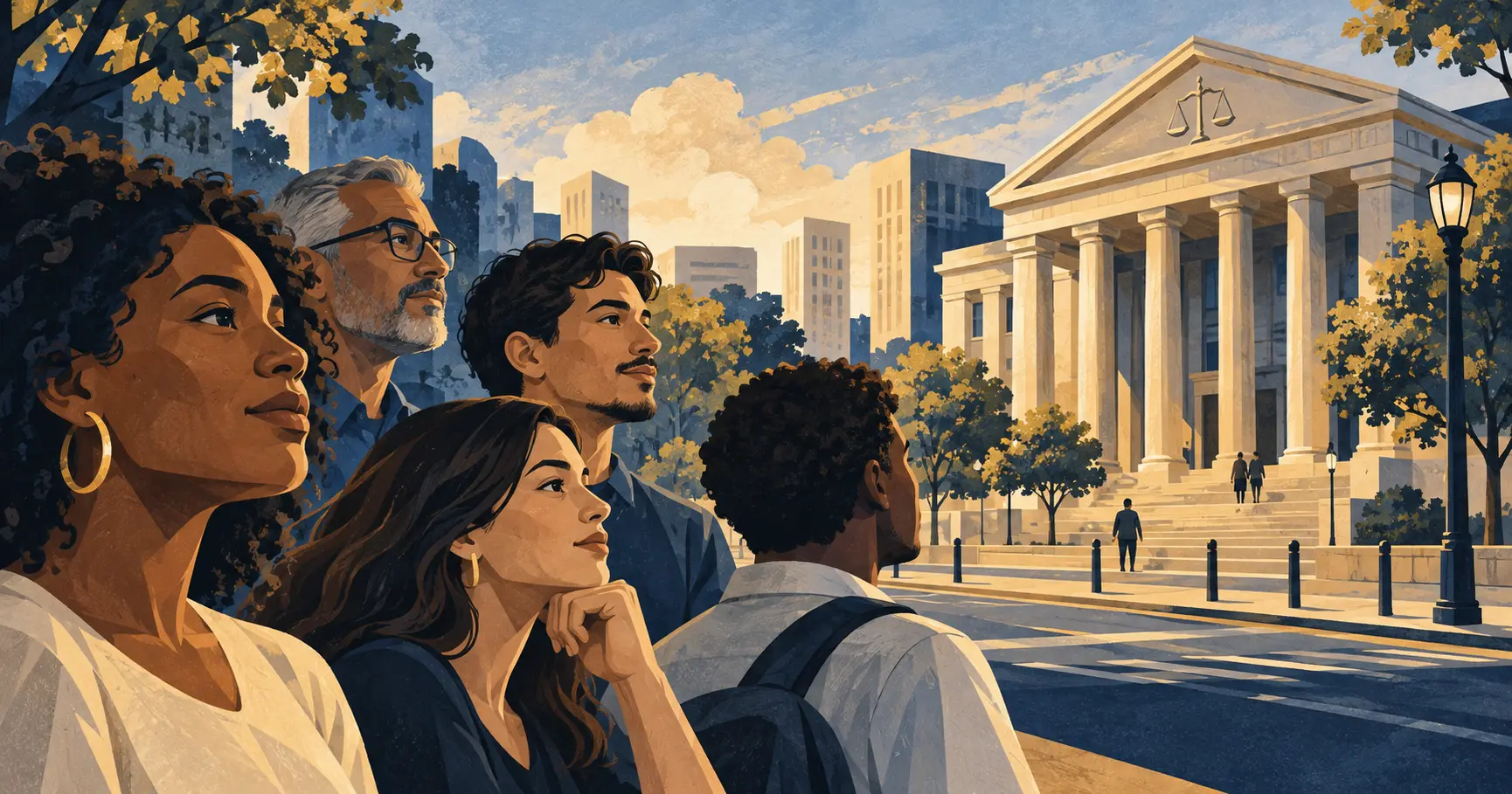 Ilustração editorial de cidadãos diante de um edifício judicial e de uma paisagem urbana