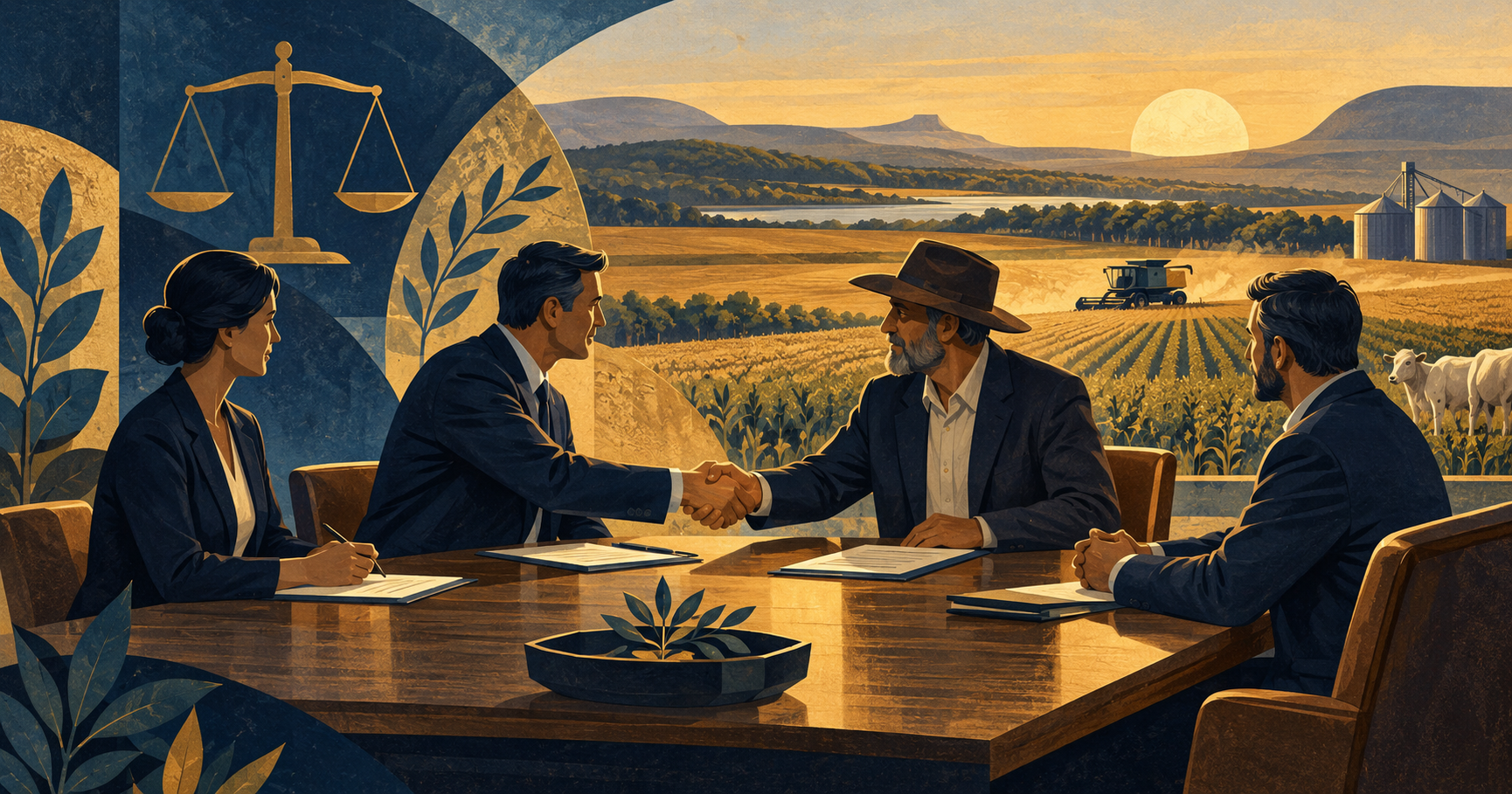 Ilustração editorial de negociação e contratos no agronegócio