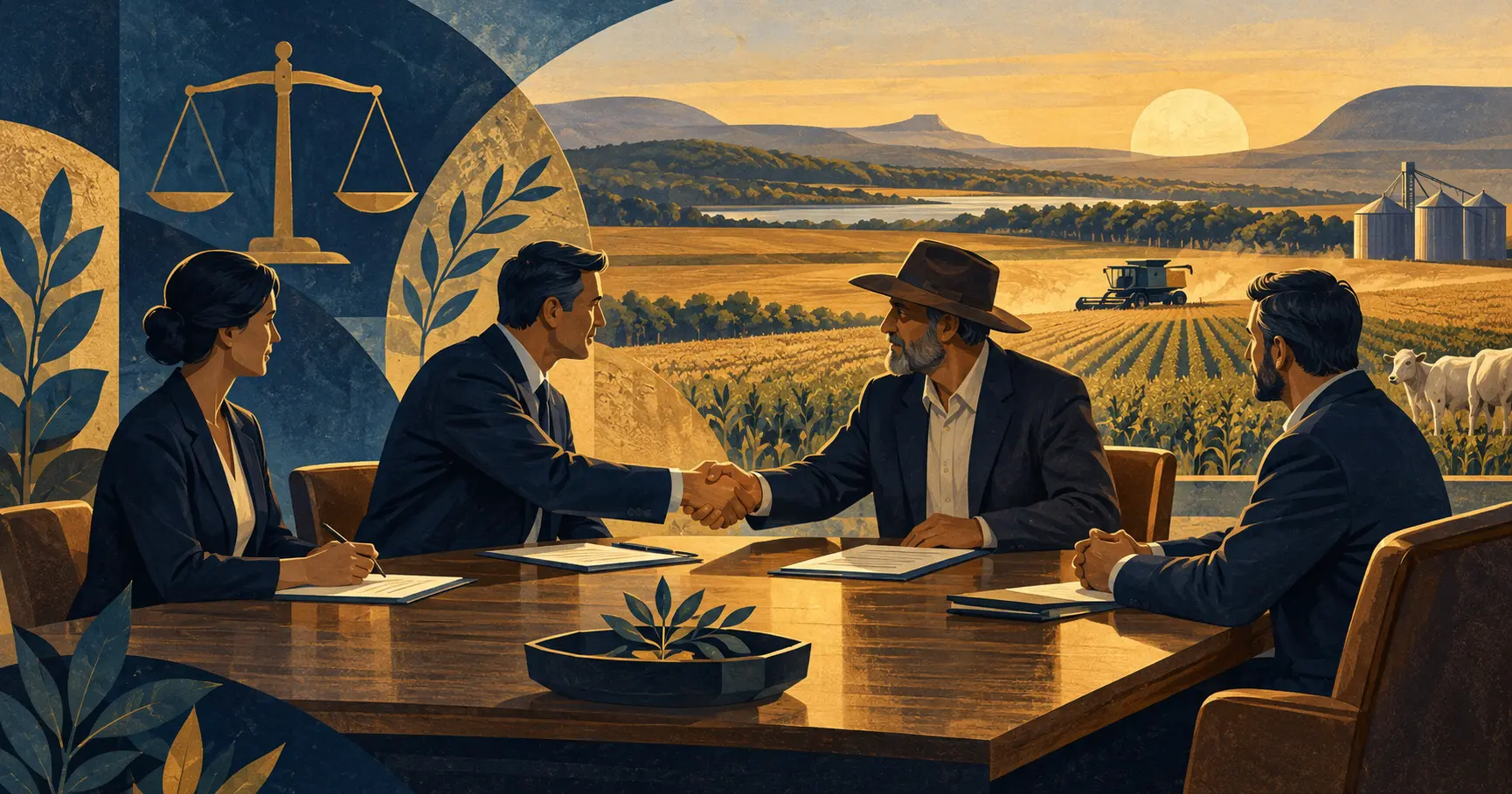 Ilustração editorial de negociação e contratos no agronegócio