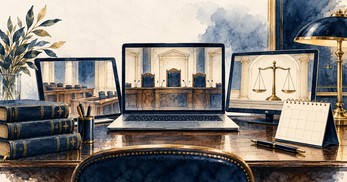 Ilustração editorial de telas com sessões judiciais e calendário sobre uma mesa