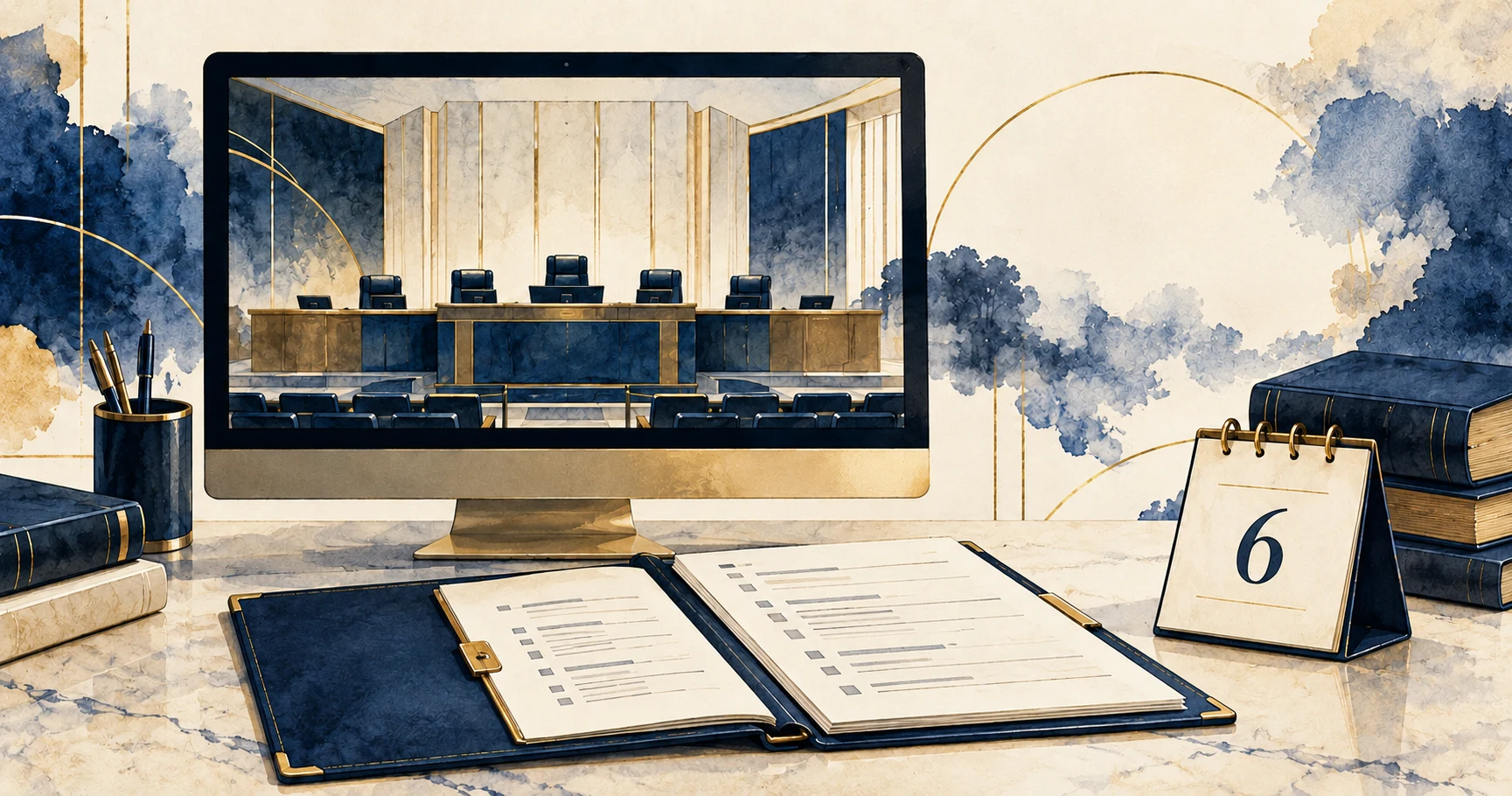 Ilustração editorial de uma sessão judicial em uma tela, pauta aberta e calendário com o número 6