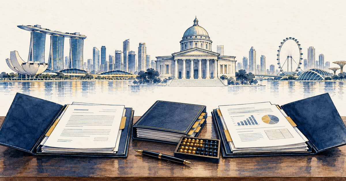 Ilustração editorial de autos processuais, ábaco e pasta de custos diante de um tribunal e do horizonte urbano de Singapura
