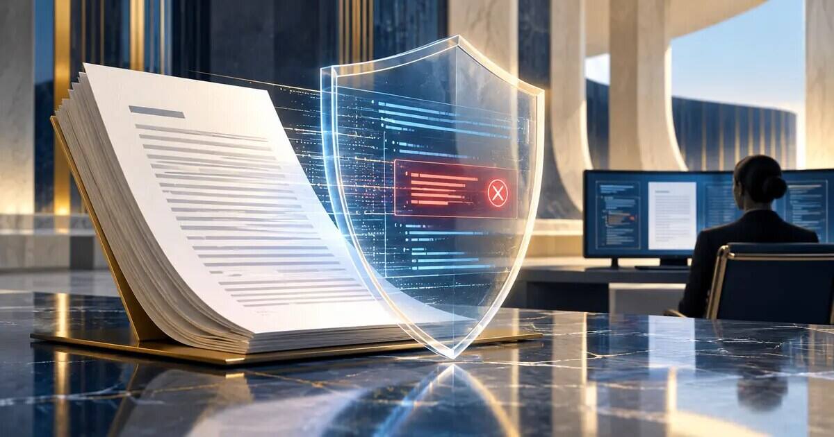 Ilustração editorial de documento digital protegido por escudo transparente que bloqueia comando oculto
