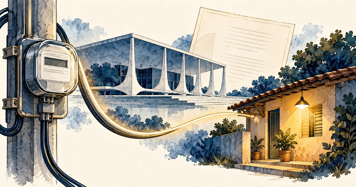Ilustração de medidor de energia, casa iluminada e edifício estilizado do Supremo Tribunal Federal