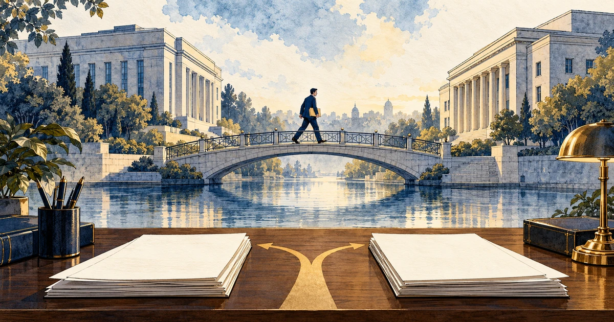 Ilustração editorial de servidor público atravessando uma ponte entre duas instituições com uma pasta funcional