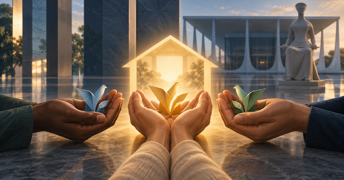 Três pares de mãos protegem pássaros de papel diante de uma casa iluminada e de uma arquitetura judicial contemporânea.