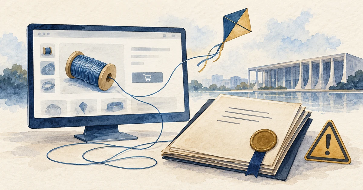 Ilustração de anúncios de linha de pipa na internet, um documento judicial e um sinal de alerta