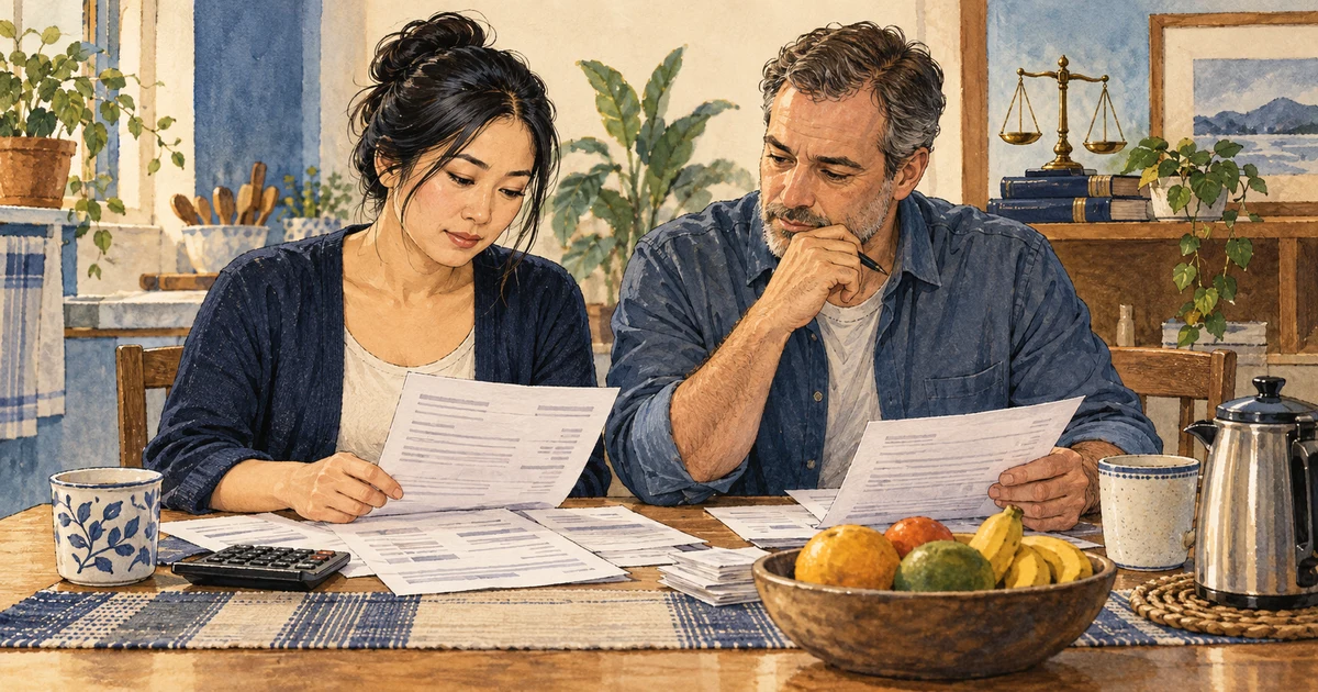 Ilustração de casal examinando comprovante de salário e despesas essenciais da família em casa