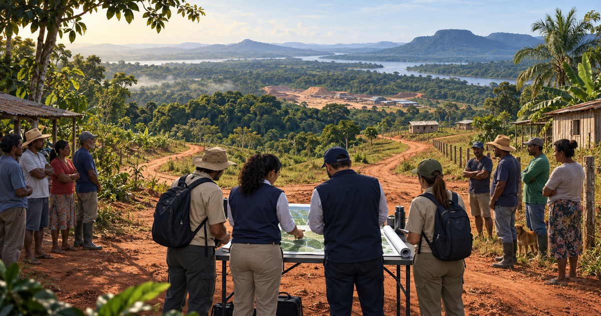 Equipe técnica examina mapa durante visita a área rural em conflito, com grupos da comunidade e paisagem amazônica ao fundo