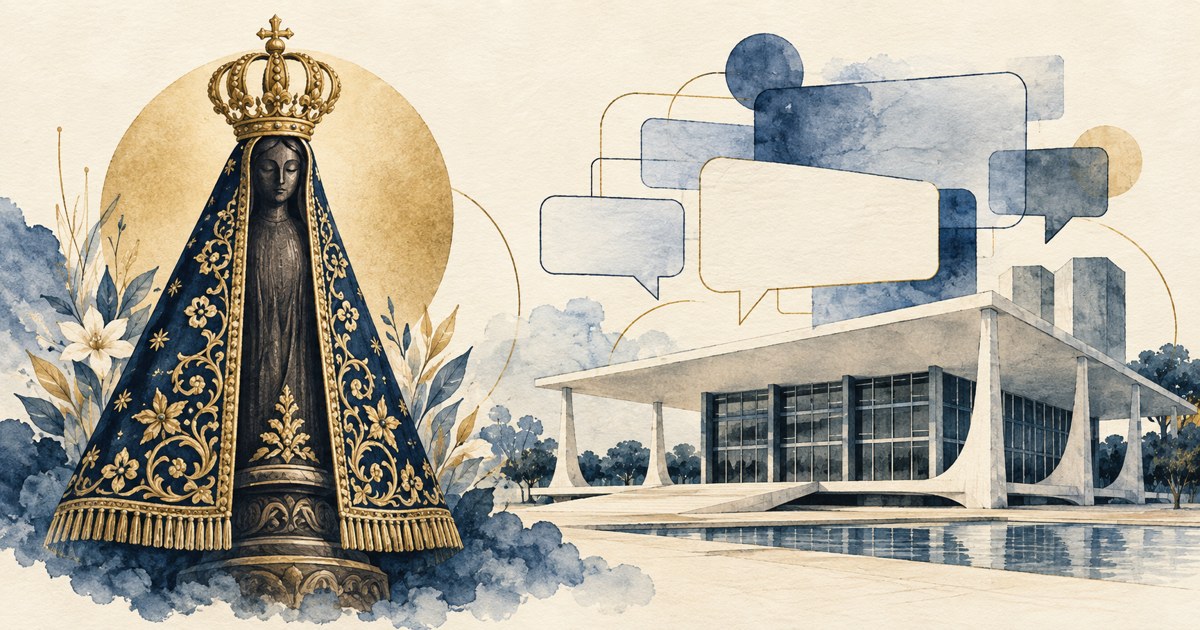 Ilustração em aquarela de Nossa Senhora Aparecida, mensagens digitais e arquitetura de tribunal, representando o julgamento sobre remoção de publicações
