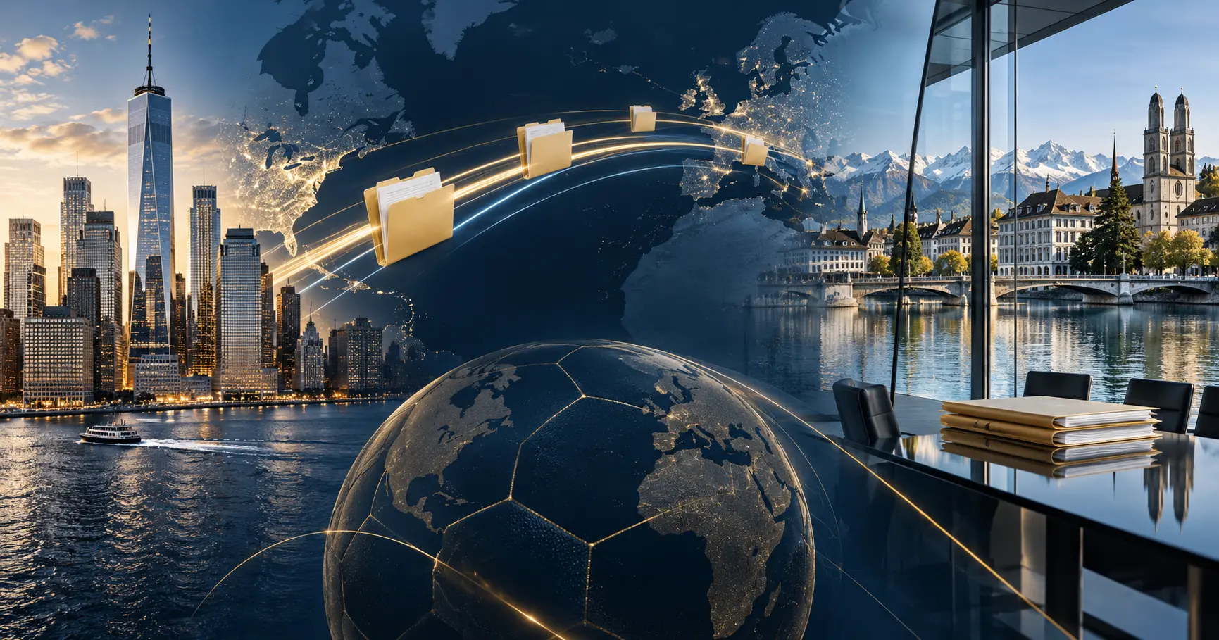 Pastas de documentos cruzam o Atlântico entre Nova York e a Suíça em uma composição global ligada ao futebol.