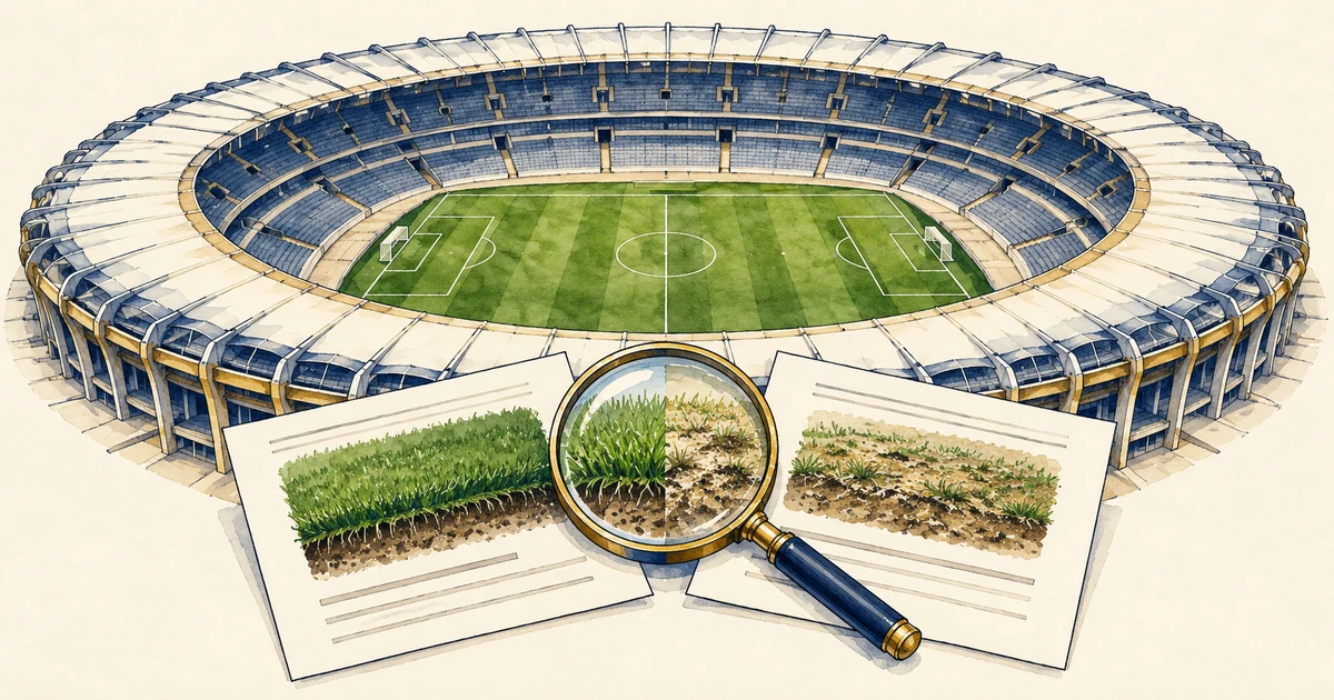Ilustração de estádio oval e relatórios técnicos sobre o gramado, examinados por uma lupa