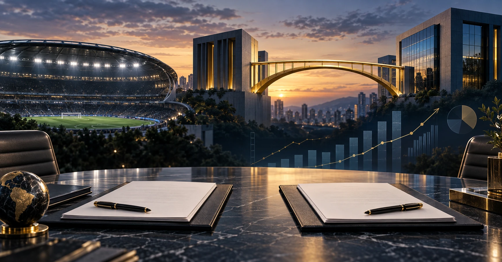Mesa de negociação diante de um estádio, com ponte dourada entre edifícios institucionais e gráficos de reestruturação financeira.