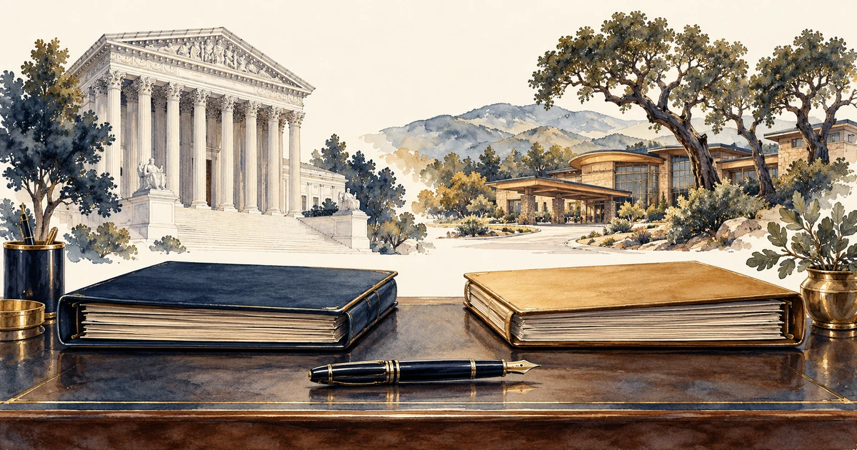 Ilustração de documentos de arbitragem, corte de colunas clássicas e edifício em paisagem californiana