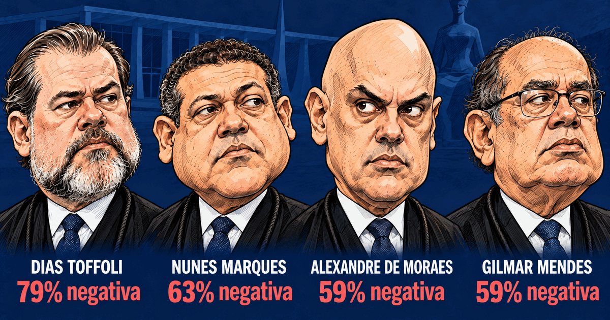 Ilustração editorial de Dias Toffoli, Nunes Marques, Alexandre de Moraes e Gilmar Mendes, com 79%, 63%, 59% e 59% de avaliações negativas, respectivamente.