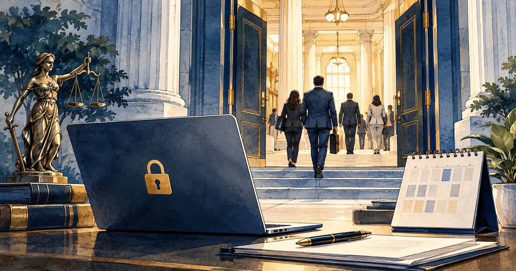 Tribunal e computador protegido representam a retomada gradual dos serviços judiciais.